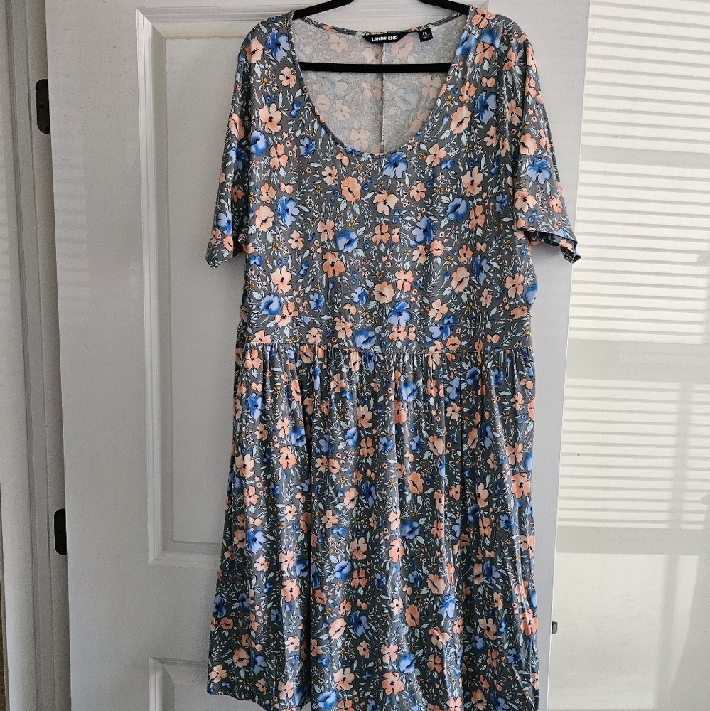 Lands' End Green and Pink Floral Midi Dress